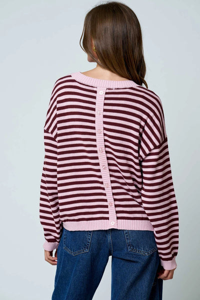a better plan striped back button detail knit top | light pink