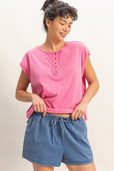 just my pick henley cap sleeve top | fuchsia