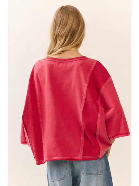 touch down acid wash oversized top | red