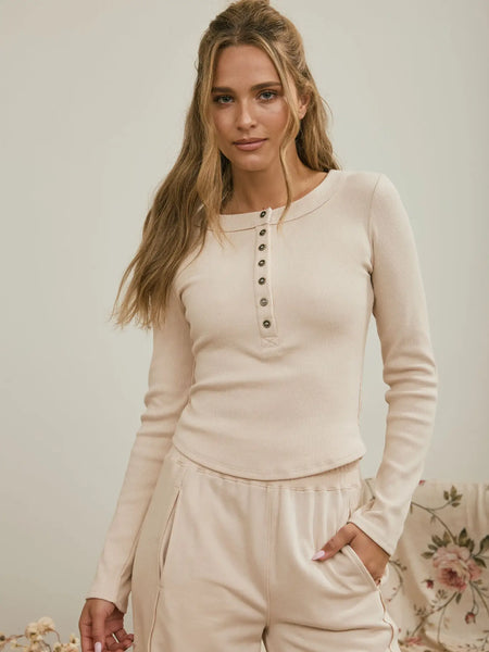 all pulled together fitted long sleeve henley top | light khaki