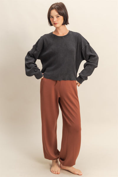 sweet applause mineral wash waffle knit top | black