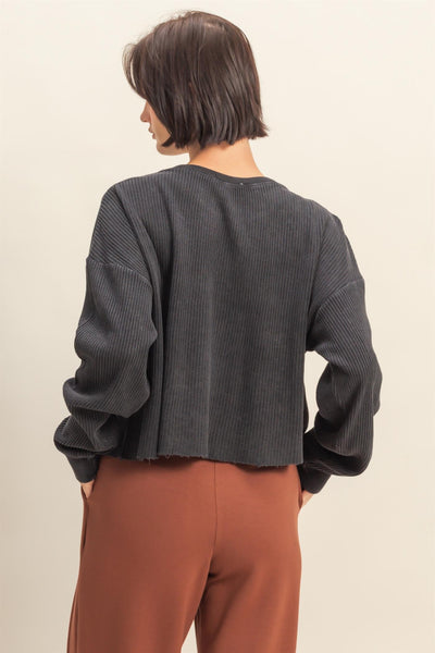 sweet applause mineral wash waffle knit top | black