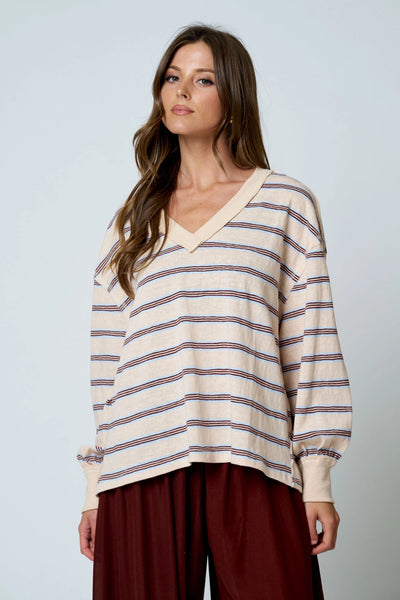 take it slow striped long sleeve knit top | oatmeal