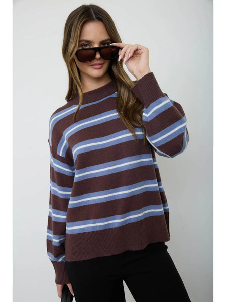 signature style striped relaxed knit pullover | brown + blue