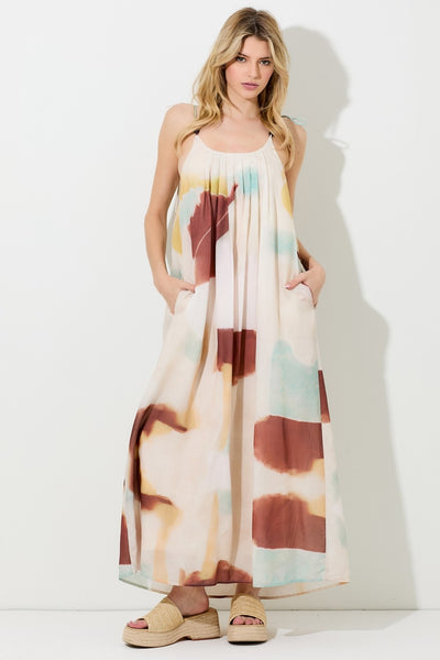 perfectly grounded printed shoulder tie maxi dress | red multi