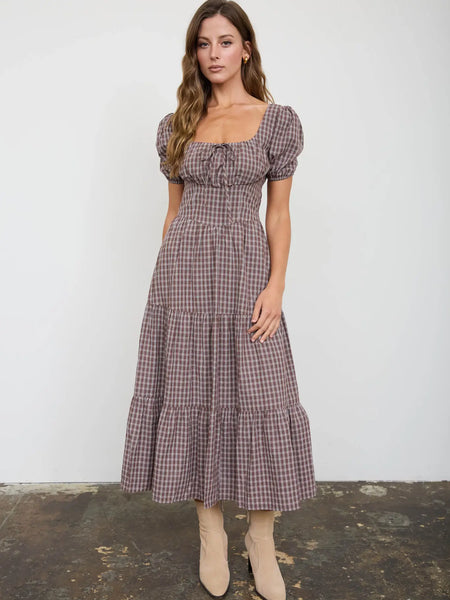 outskirts of town plaid corset tiered midi dress | mocha