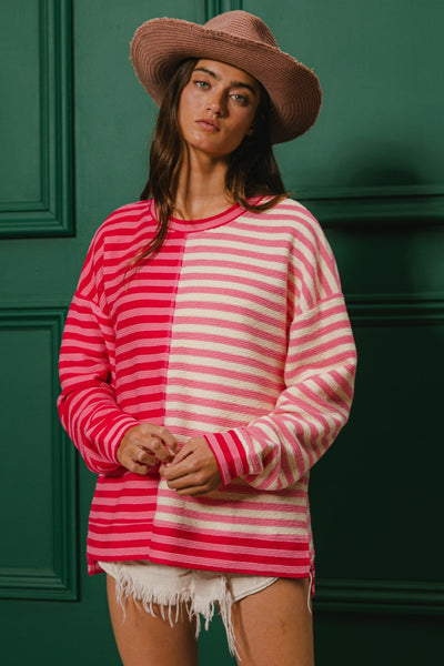 pulling heartstrings ribbed color block top | red + pink