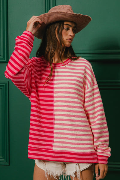 pulling heartstrings ribbed color block top | red + pink
