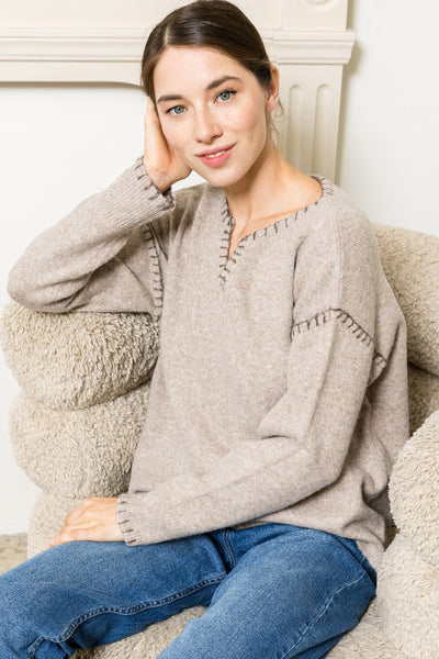 boho harmony blanket stitch sweater | taupe