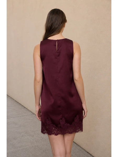 weekend escape satin lace hem mini dress | oxblood