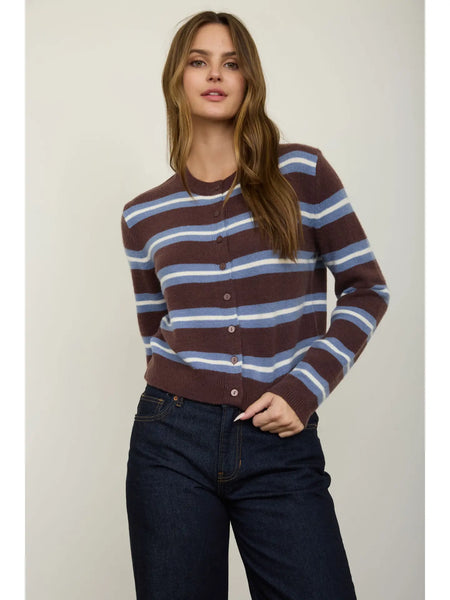 on the list striped knit cardigan | brown + blue