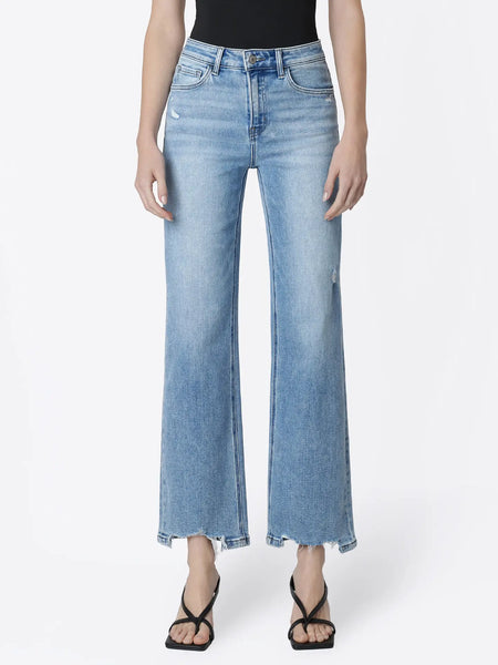 tate high rise distressed hem slim wide leg jeans | glowing