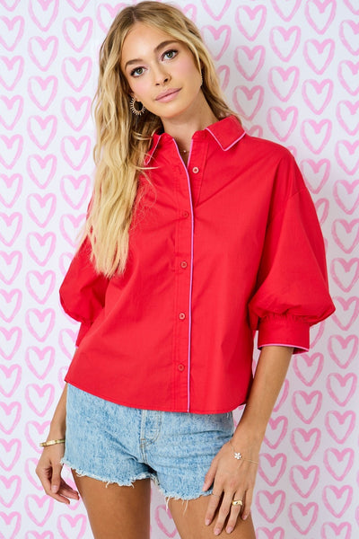 bright on arrival bubble sleeve button down top | red + pink
