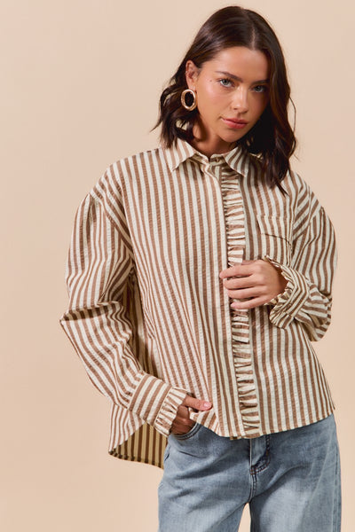 told you so striped ruffle button down top | brown