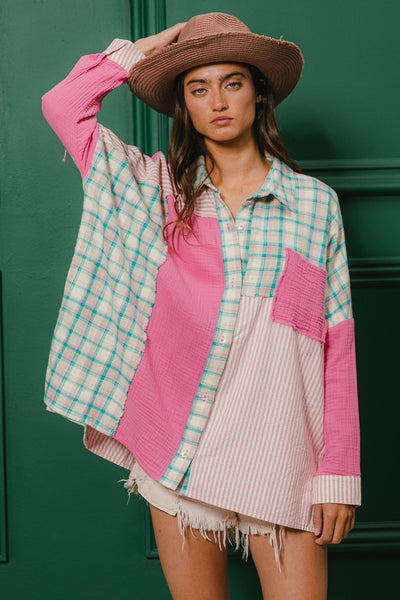 cue the drama colorblock button up | hot pink