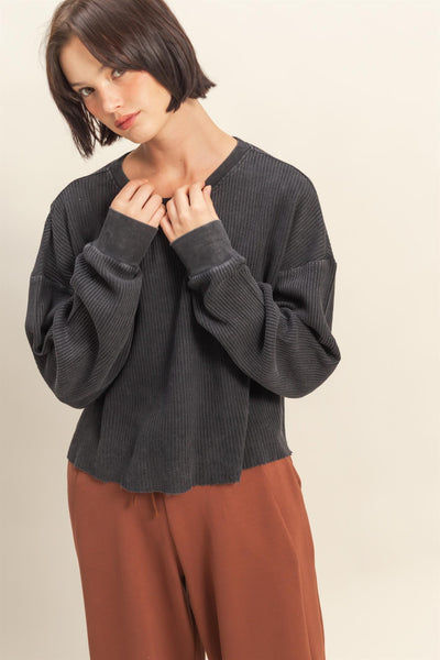 sweet applause mineral wash waffle knit top | black