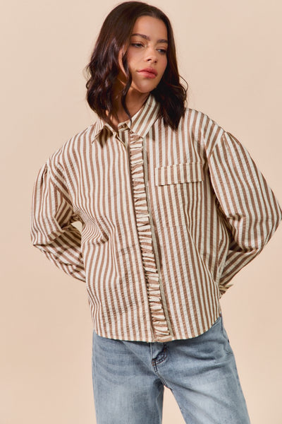 told you so striped ruffle button down top | brown