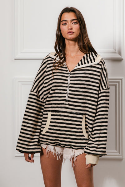 behind the scenes stripe knit hoodie | cream + black