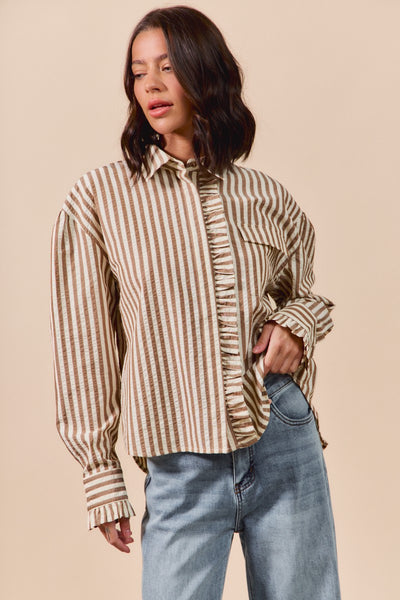 told you so striped ruffle button down top | brown