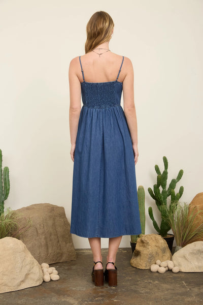 tied to charm bow detail sleeveless midi dress | denim