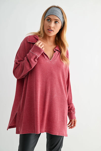 push the limits oversized waffle knit top | garnet red