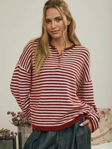 watch her work striped button henley | red