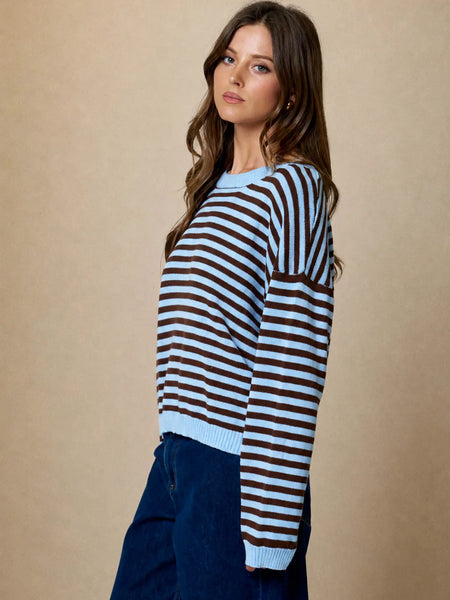a better plan striped back button detail knit top | light blue