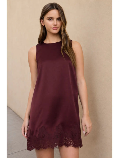 weekend escape satin lace hem mini dress | oxblood