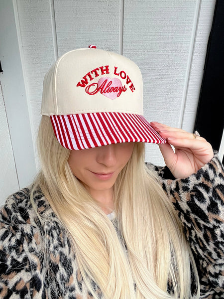 with love always embroidered hat | red striped