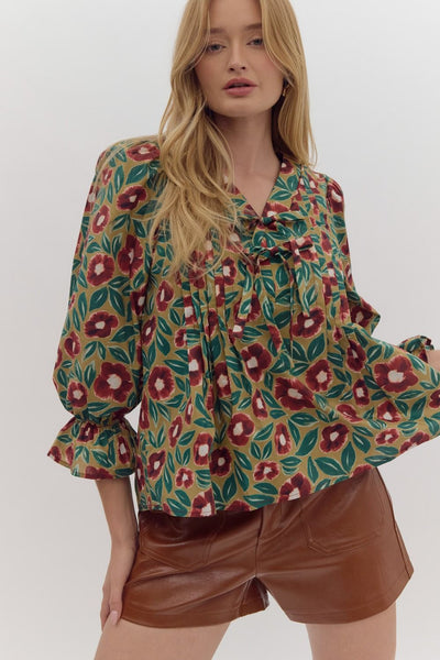 dark blossom floral balloon sleeve top | burgundy