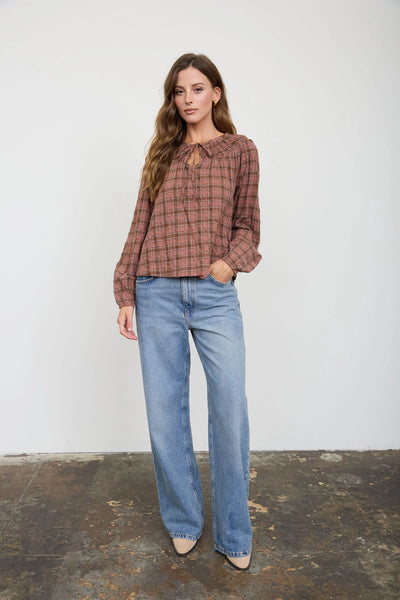 heartfelt memories plaid shirred yoke top | brown