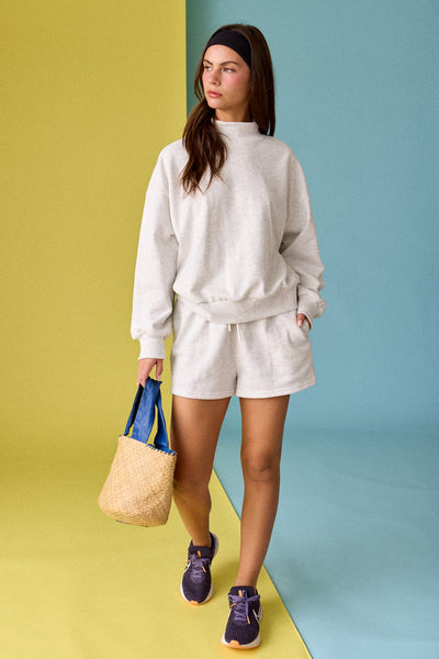 a step ahead mock neck sweater + short set | white melange