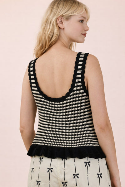 keep it coming striped ruffle hem sleeveless sweater | black