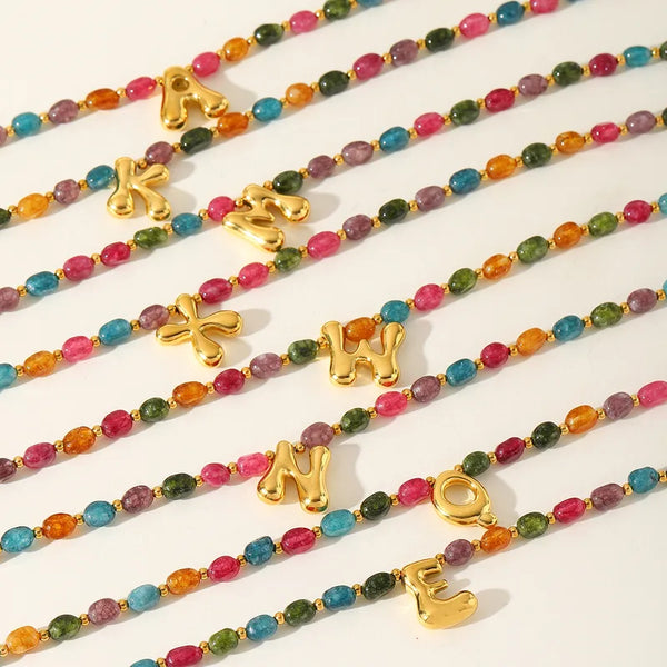 18K gold plated initial stone beaded necklace!