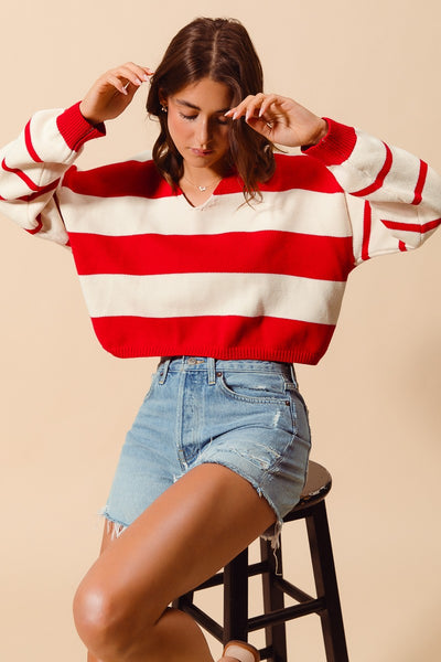 everything aligned striped knit sweater | red + ivory