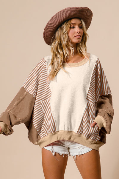 call my bluff terry color block pullover | oatmeal + mocha