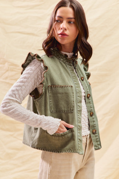 for the frill washed denim ruffle vest | lt olive + brown