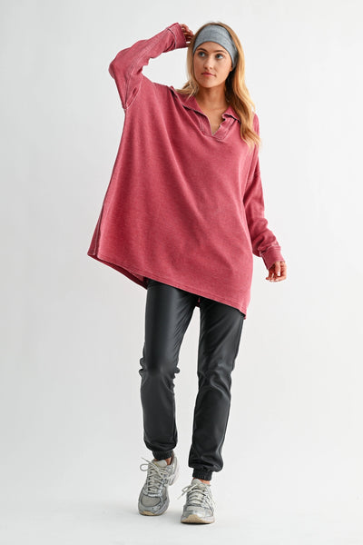 push the limits oversized waffle knit top | garnet red