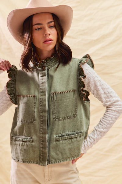 for the frill washed denim ruffle vest | lt olive + brown