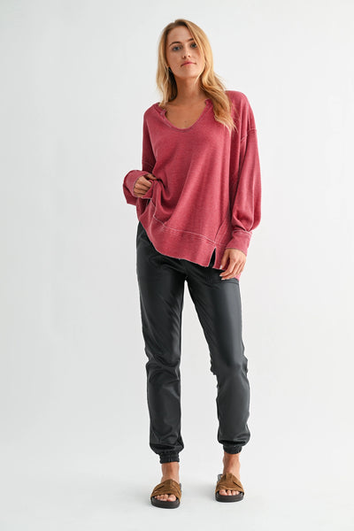 dream about you oversized waffle knit top | garnet red