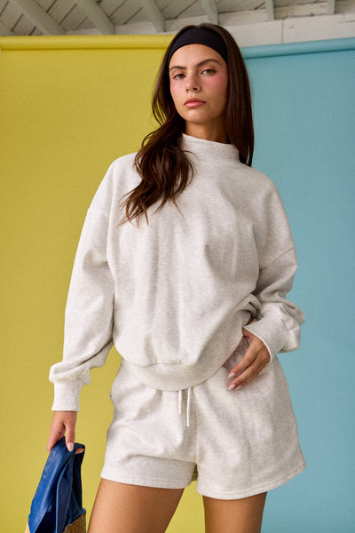 a step ahead mock neck sweater + short set | white melange