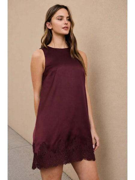 weekend escape satin lace hem mini dress | oxblood
