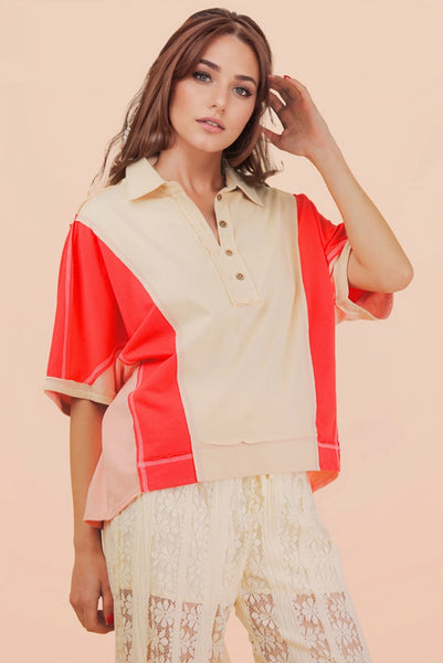 let's catch up oversized color block top | tomato