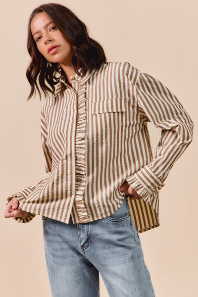 told you so striped ruffle button down top | brown
