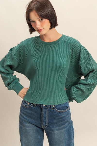 sweet applause mineral wash waffle knit top | deep green