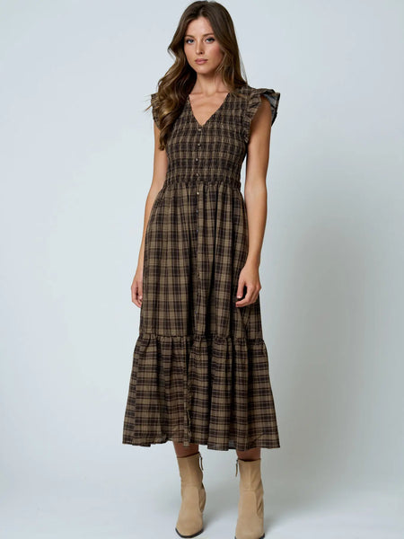 nothing more to say plaid smocked midi dress  | brown