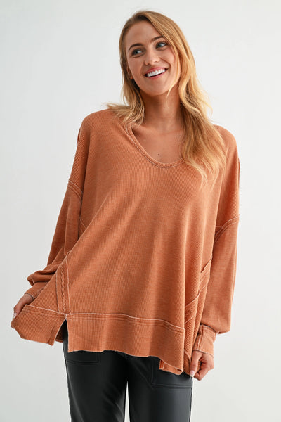 dream about you oversized waffle knit top | burnt amber