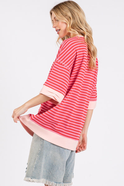 loving detail striped oversized top | pink combo