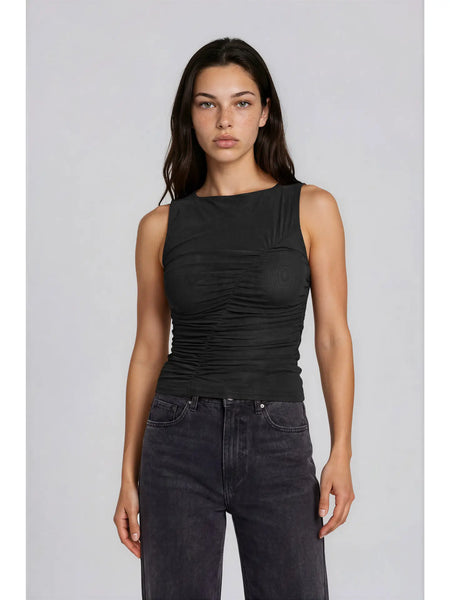 worth mentioning mesh boat neck ruched sleeveless top | black