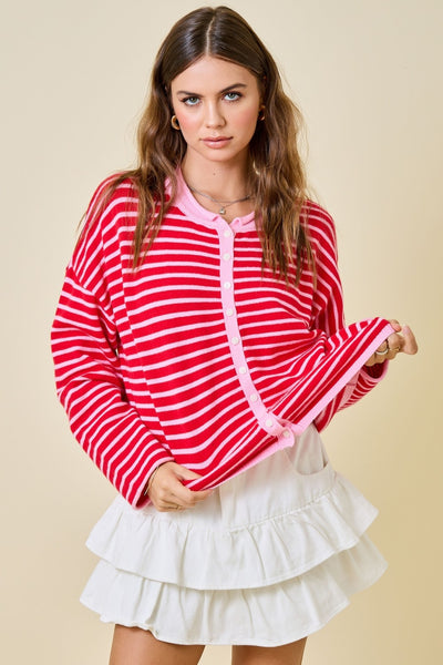 left it at that striped cardigan | pink + red